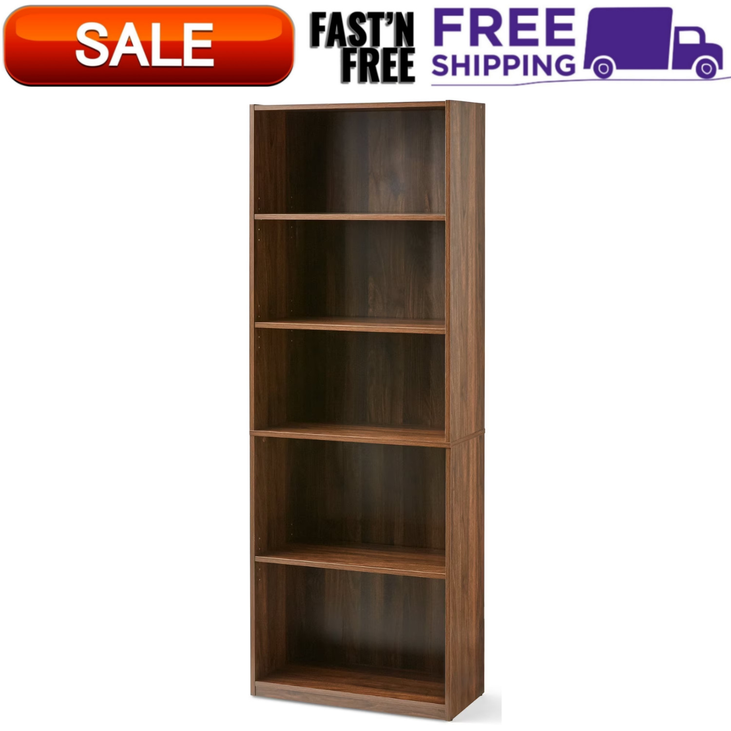 5-Shelf Mainstays Wood Bookcase with Adjustable Shelves, 71\