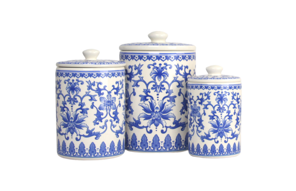 3-Piece Ceramic Canister Set - White & Blue