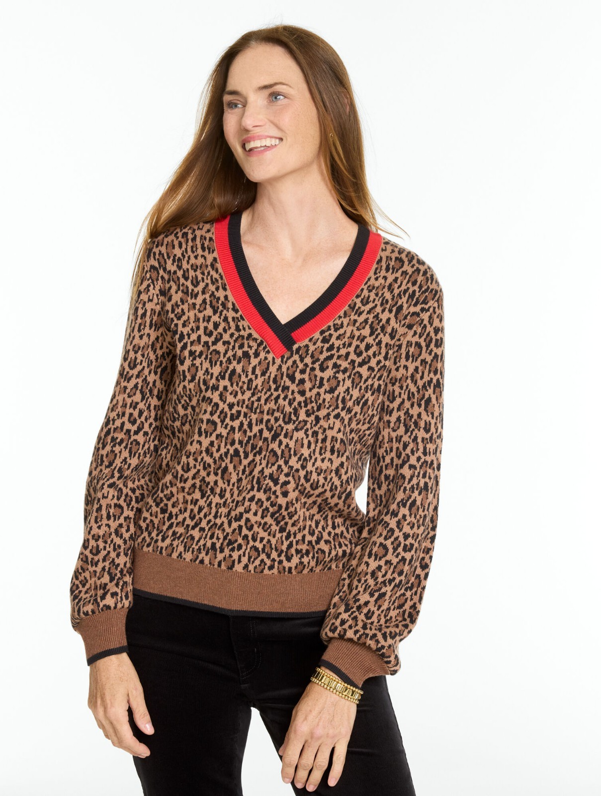 Jacquard V-Neck Pullover - Tipped Leopard at Talbots NWT $109, all size