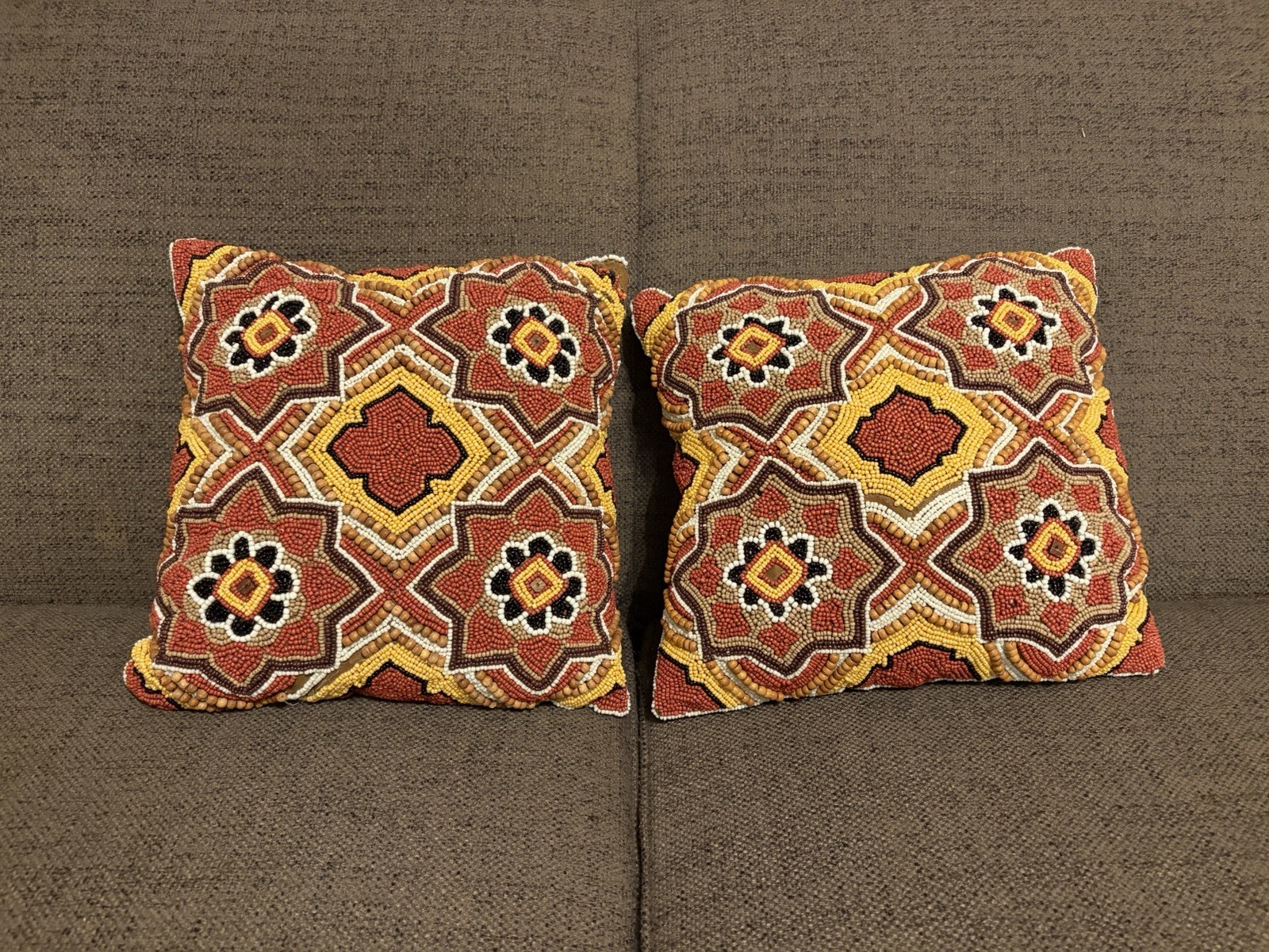 Pier 1 Beaded Throw Pillows Set of 2 12x12 Rust Gold Brown Boho Accent