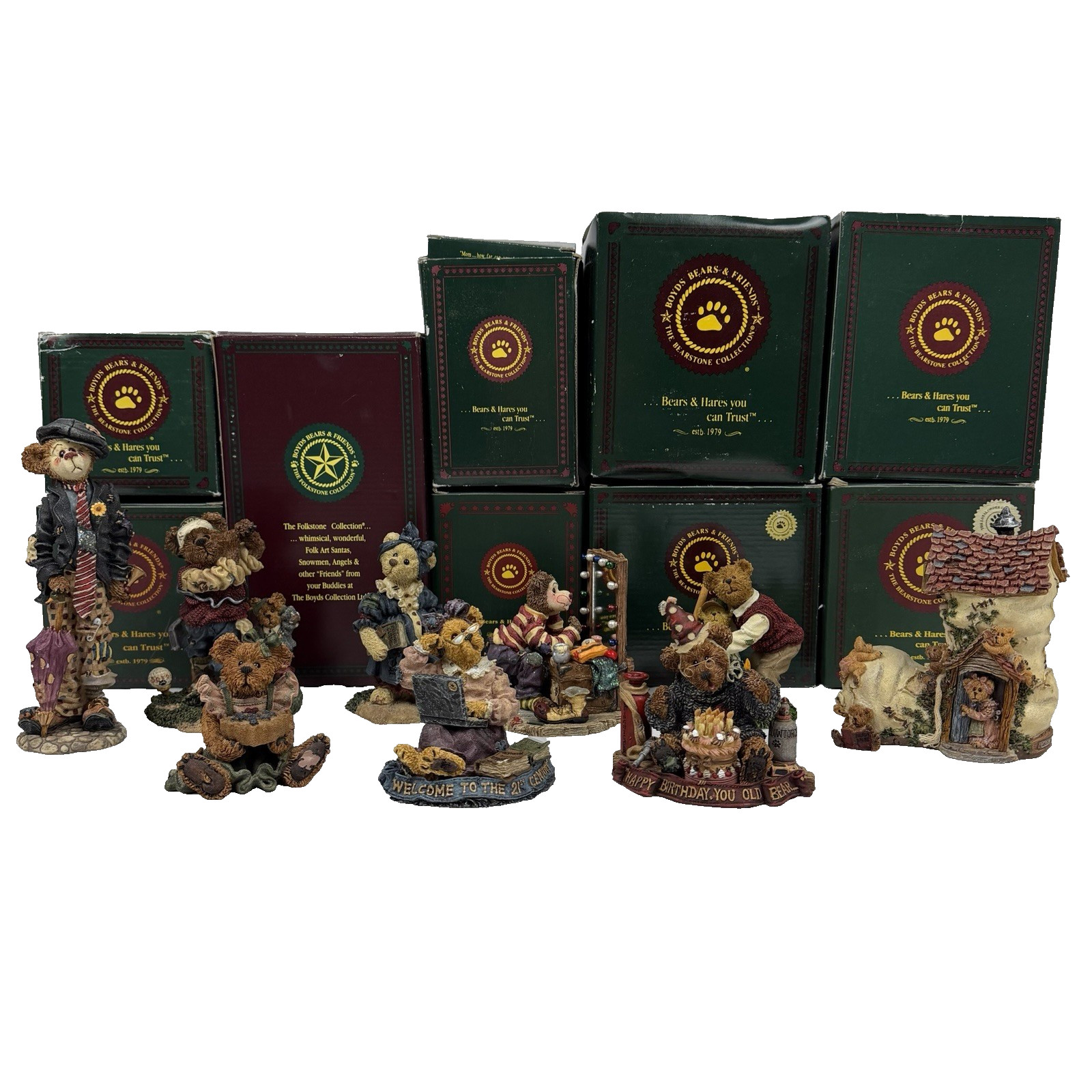 Lot of 9 Vintage Boyd's Bears & Friends Figurines Bearstone Collection w/ Boxes