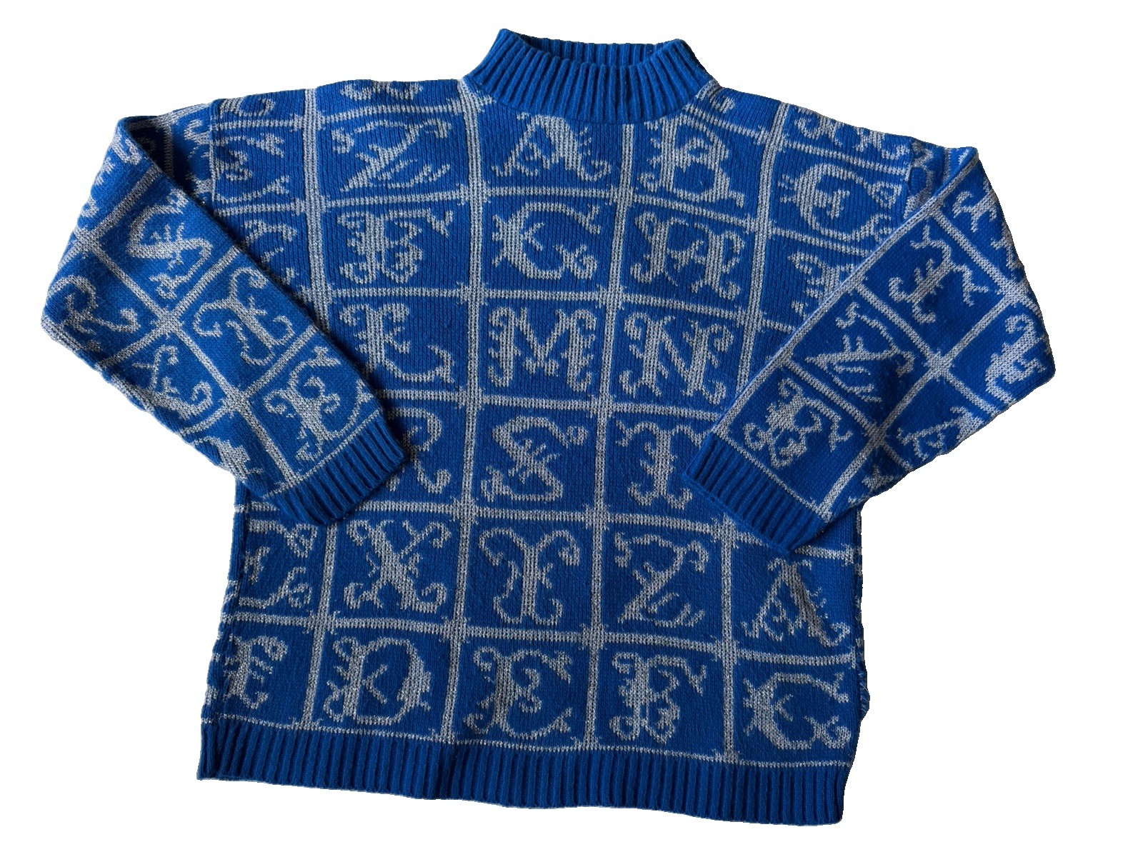 Vintage Adele Knitwear Sweater Blue Silver Alphabet Teacher Sweater 80s 90s Med
