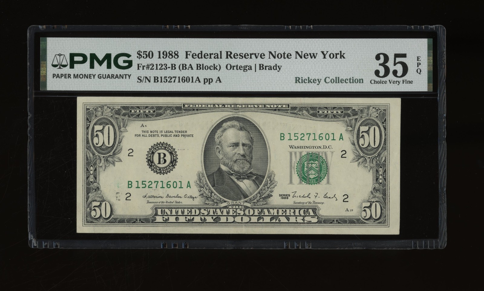 DBR 1988 $50 FRN New York Fr. 2123-B PMG 35 EPQ Serial B15271601A