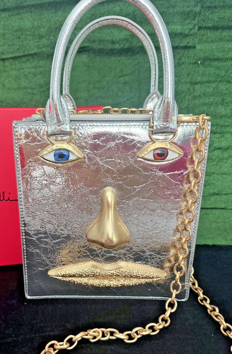 SCHIAPARELLI Style Face Bag Schiaparelli inspired Anatomy  Leather SILVER w/BOX