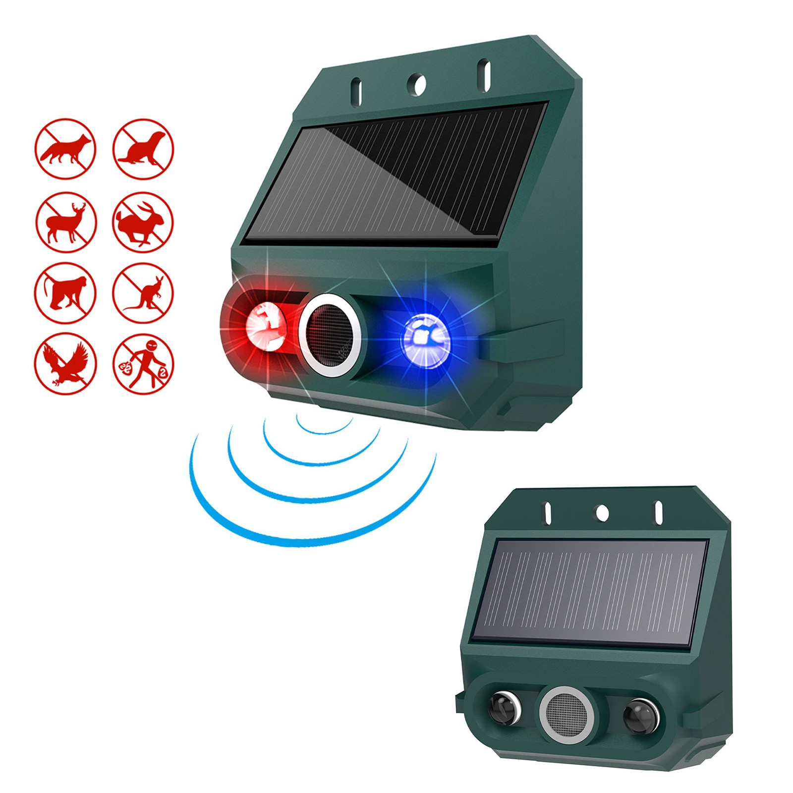 2-Pack Solar Motion Animal Repeller 129dB Siren/Strobe 4-Mode IP55 For Yard/Farm
