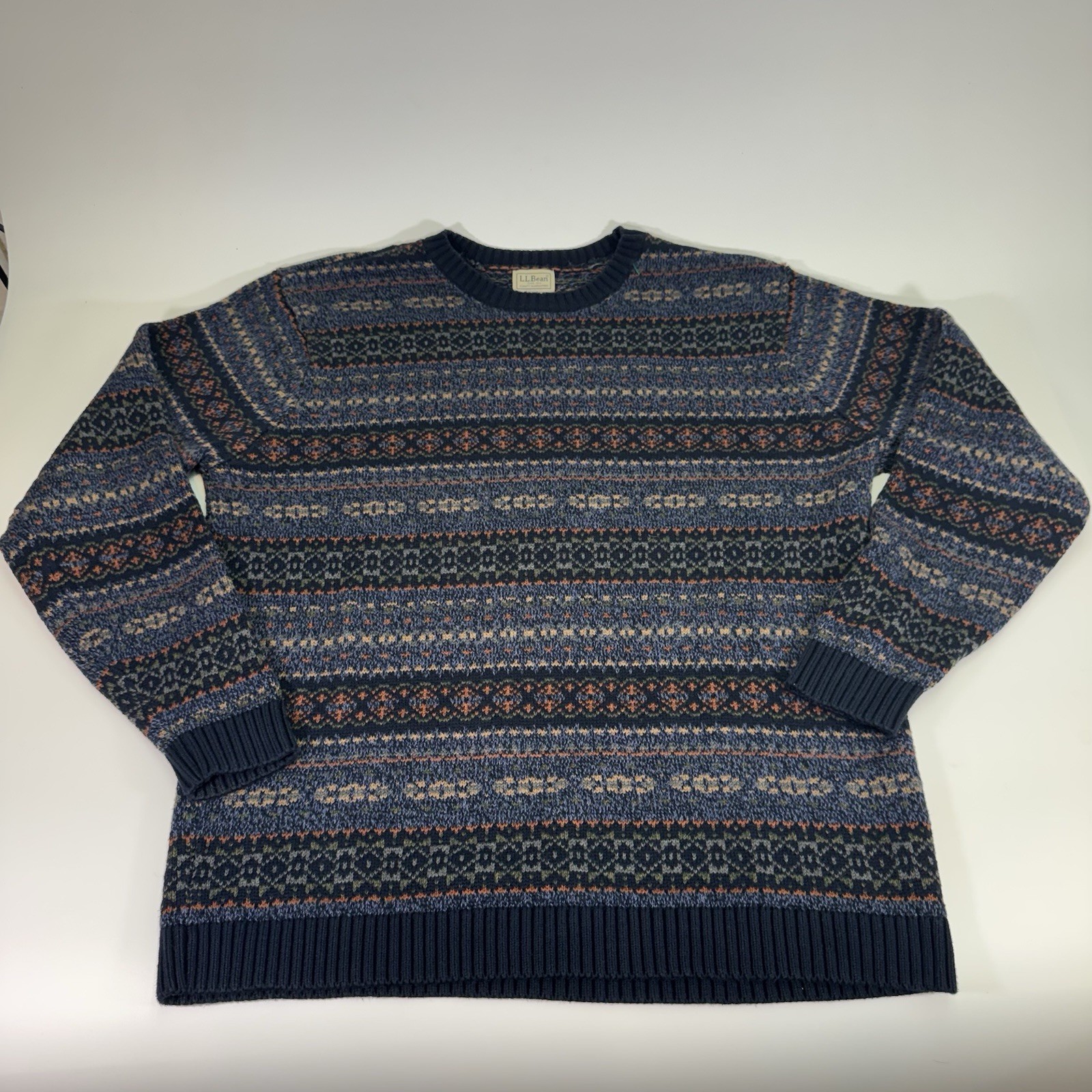 VTG LL Bean Fair Isle Sweater Mens Xl Tall Knit Crewneck Nordic 100% Cotto VTG LL Bean Fair Isle Sweater Mens Xl Tall Knit Crewneck Nordic 100% Cotto