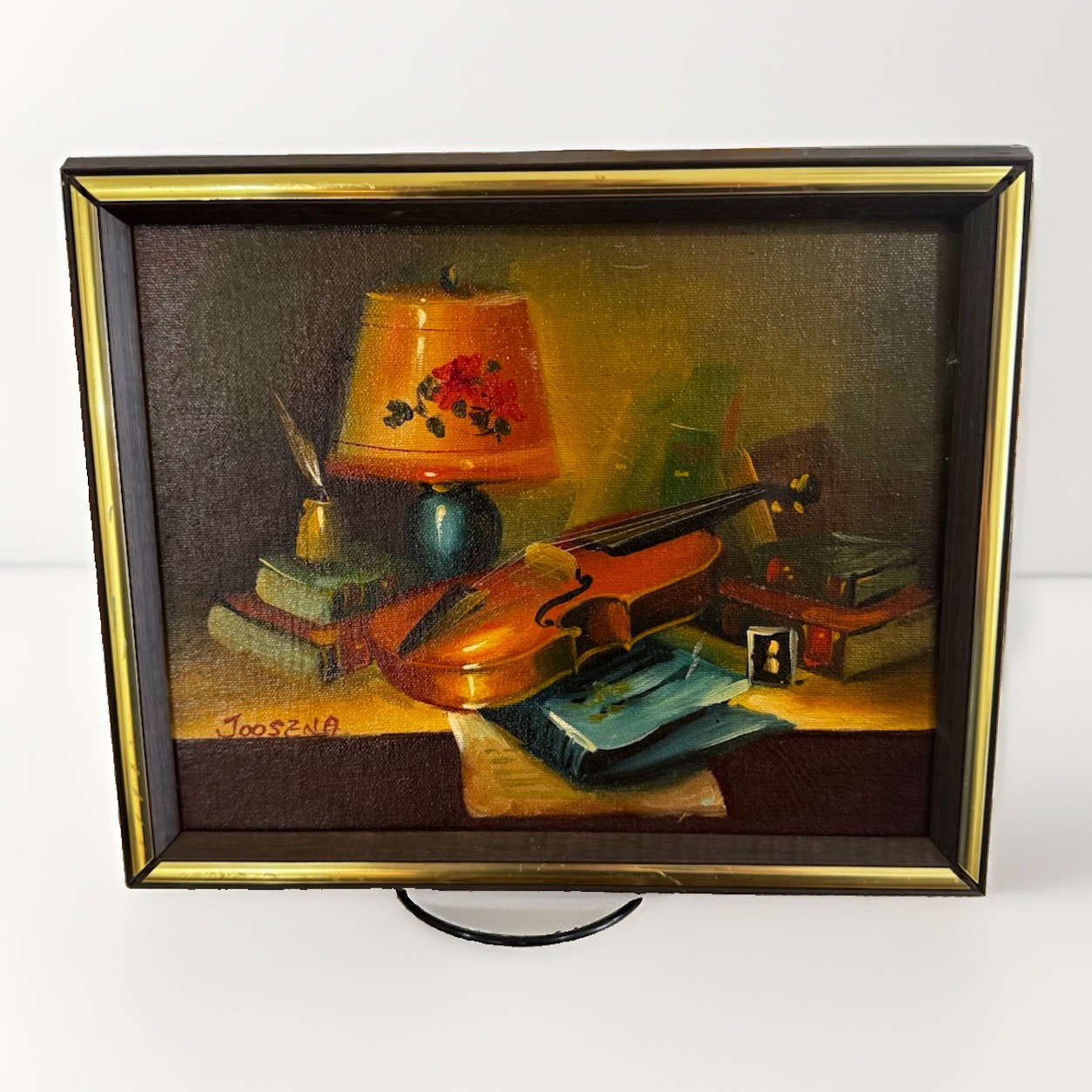 Vintage Mid Century Oil Painting Wood Panel Board Still Life Violin Lamp Signed