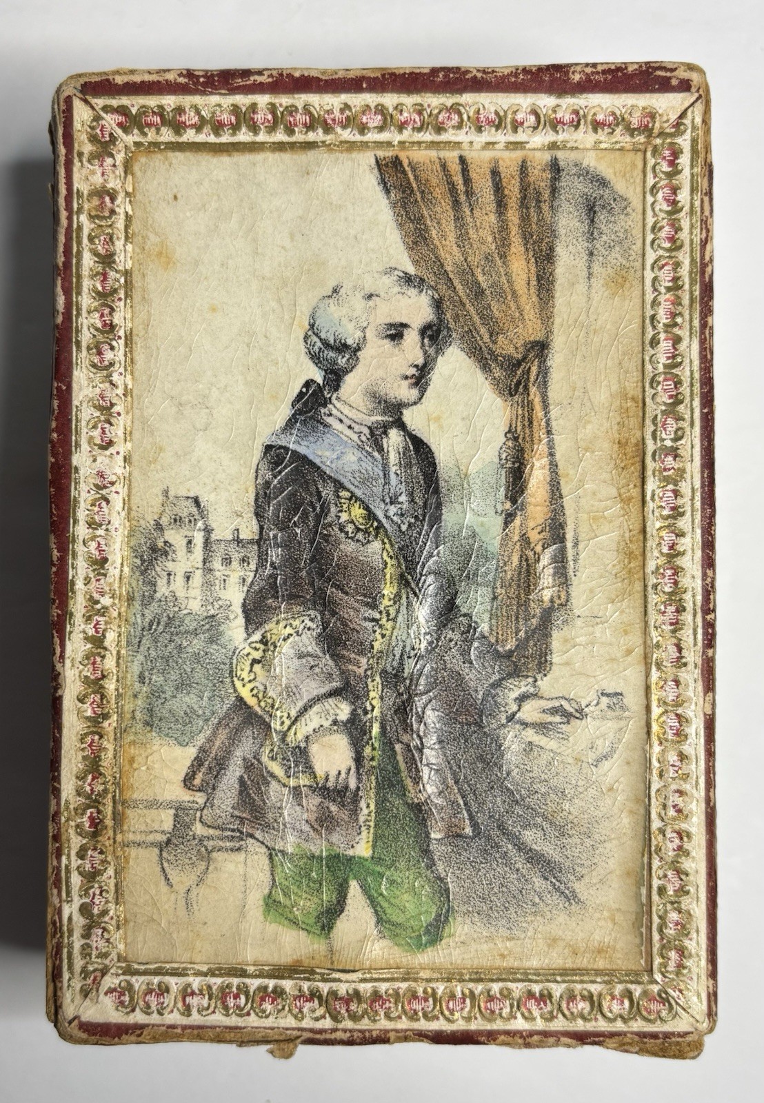 Antique c. 1820 French Cartonnage Vanity Box King Louis XVI Lithograph Portrait