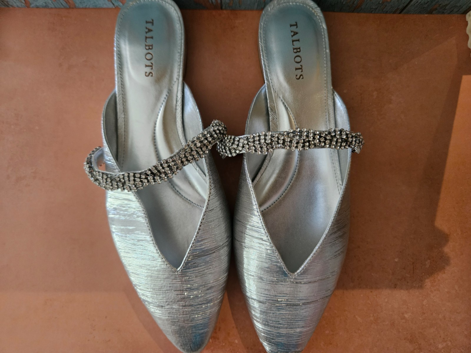 Talbots Edison Embellished Silver Crinkle Lame Mules 8.5 New in box