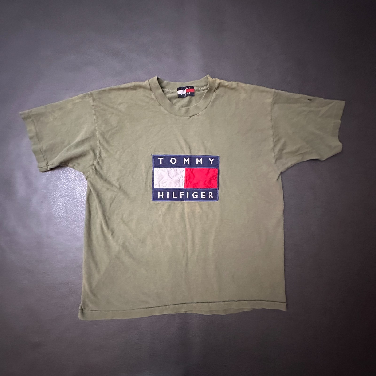 Vtg 1990s Tommy Hilfiger T Shirt Mens XL Green Boxy Faded Single Stitch Skater