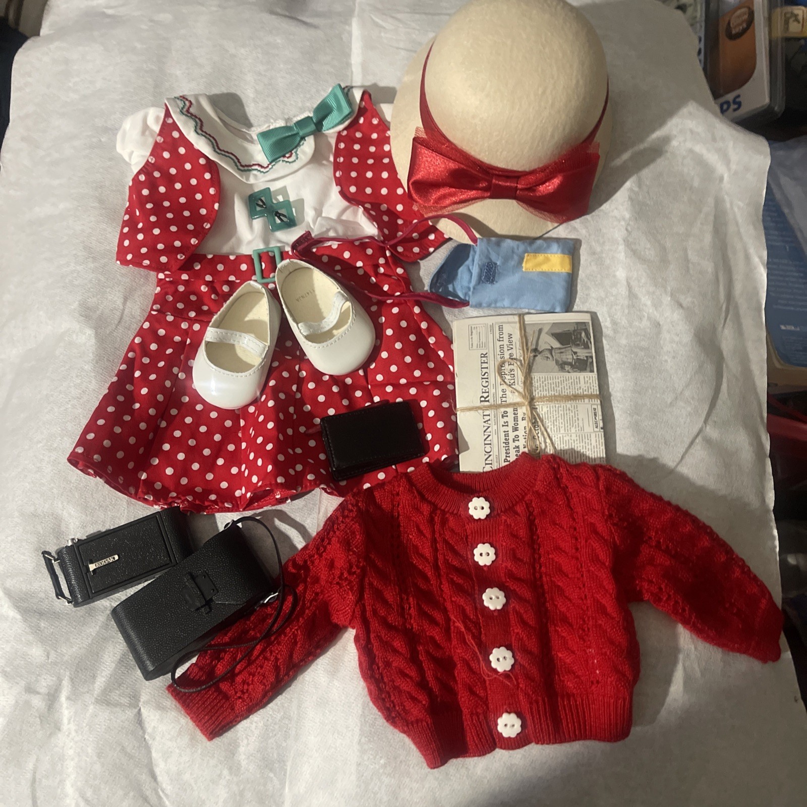 LOT Kit American Girl Doll Polka Dot Reporter Outfit Accessories and Red Sweater LOT Kit American Girl Doll Polka Dot Reporter Outfit Accessories and Red Sweater