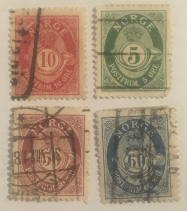 Norway Stamps , Scott#30 , 31 , 39 & 40 , 1889 , Post Horn , 5624a Norway Stamps , Scott#30 , 31 , 39 & 40 , 1889 , Post Horn , 5624a