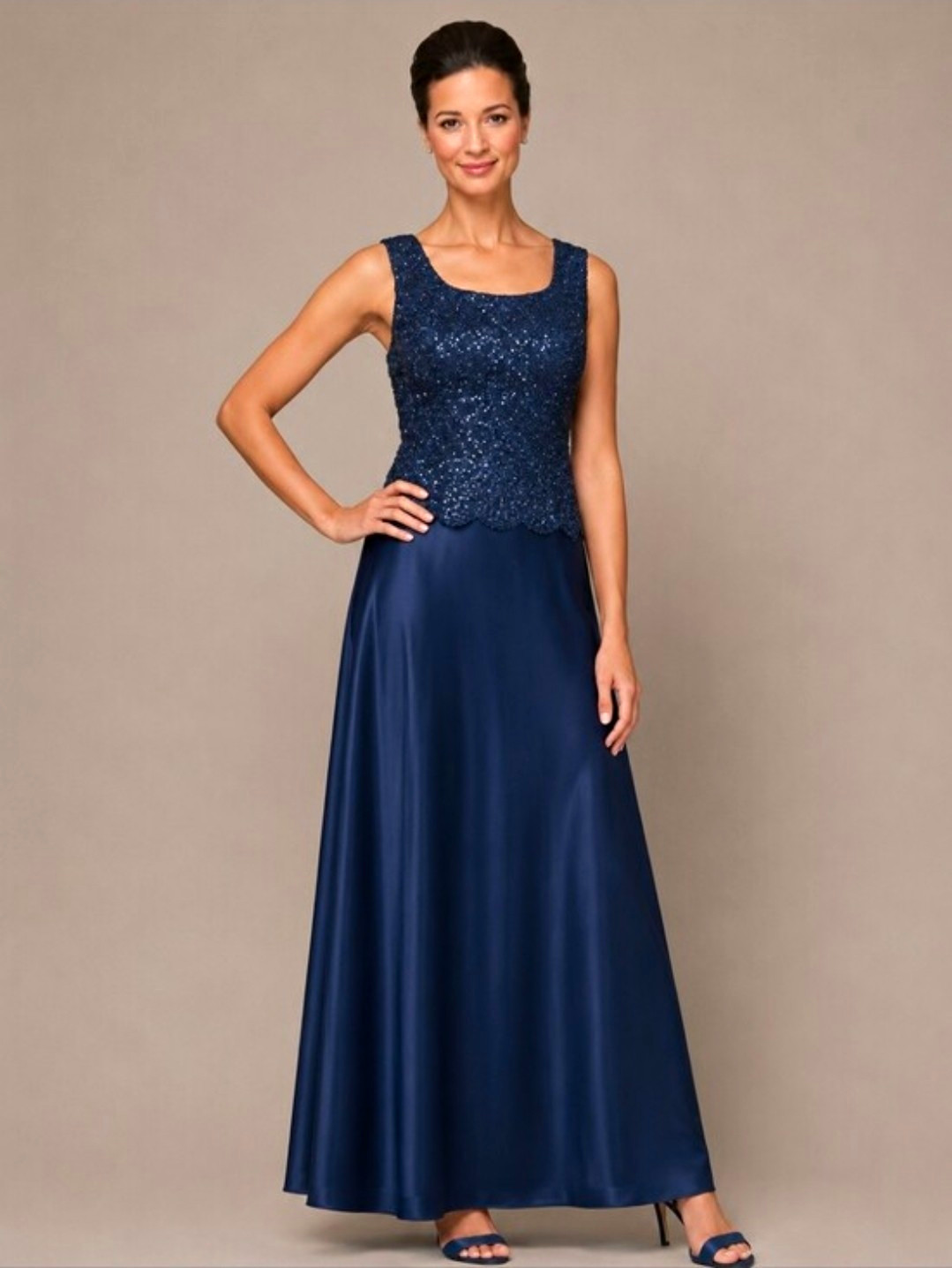 180$ Alex Evenings Blue Lace Sequin Scoop Neck Long Lined Gown Dress Size 14