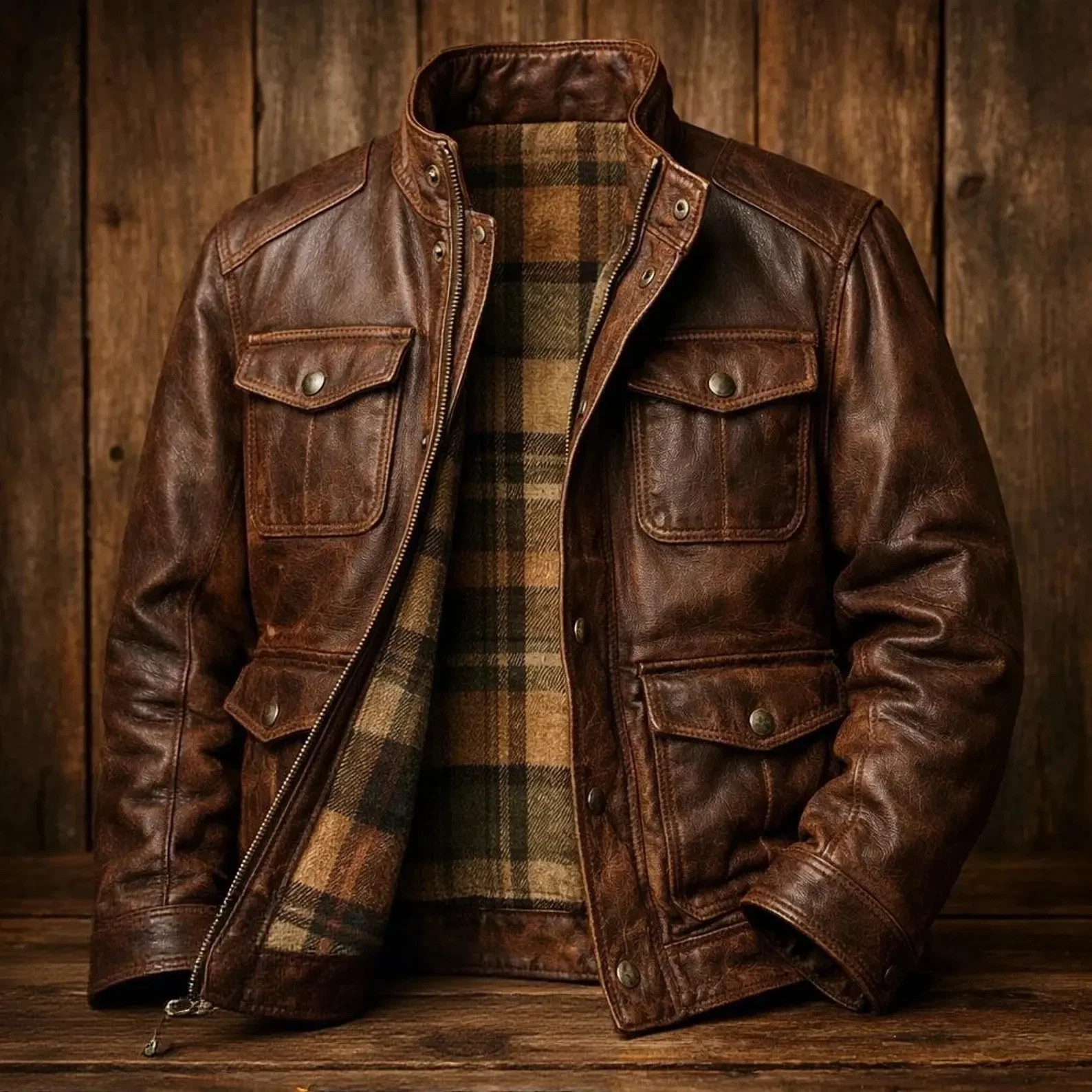 Vintage Brown Buffalo Hide Leather Jacket Men Distressed Crackled Flight Style