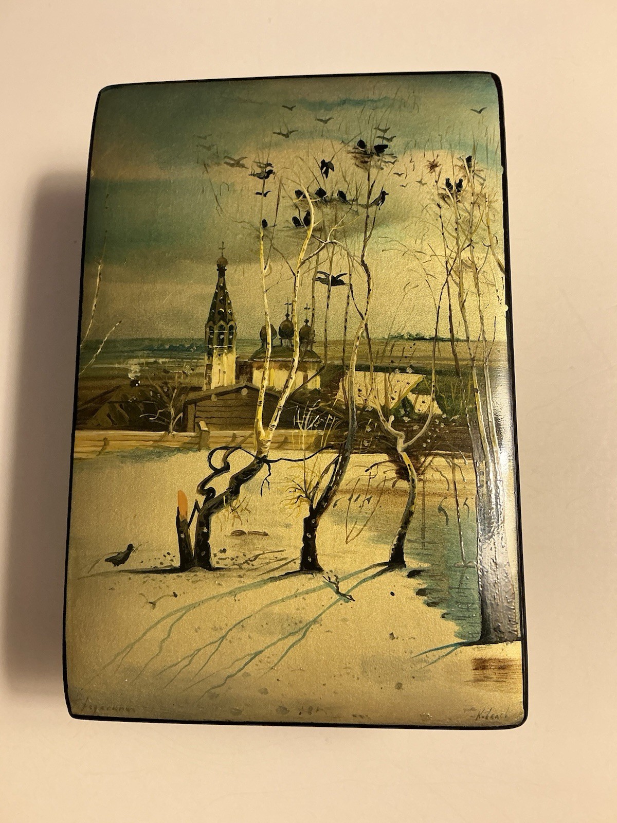 VTG RUSSIAN FEDOSKINO LACQUER WOOD BOX HAND PAINTED~ROOKS ARE RETURNED~SIGNED