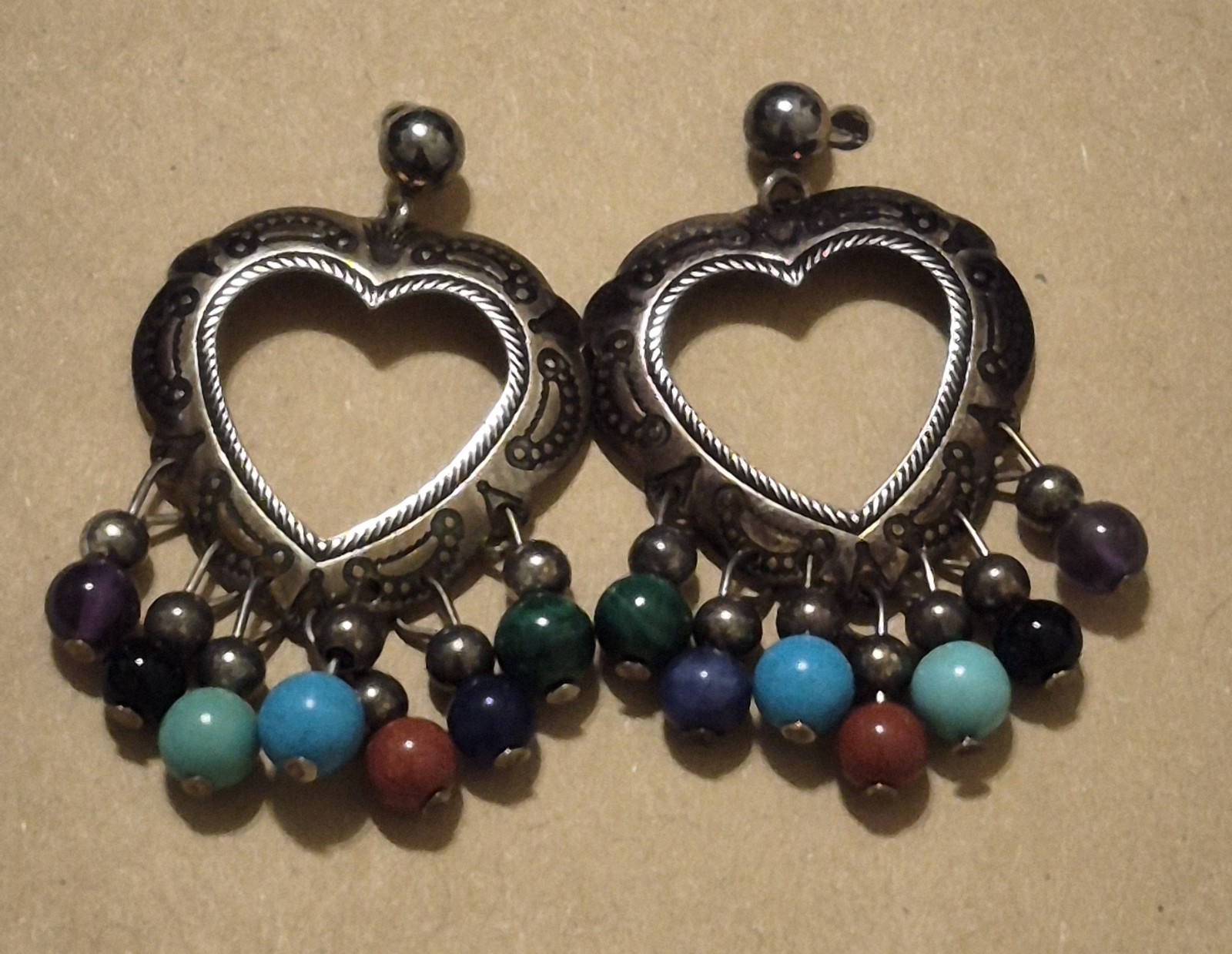 Vintage Quoc Turquoise Q.T. Sterling Silver Multistone Heart Dangle Earrings