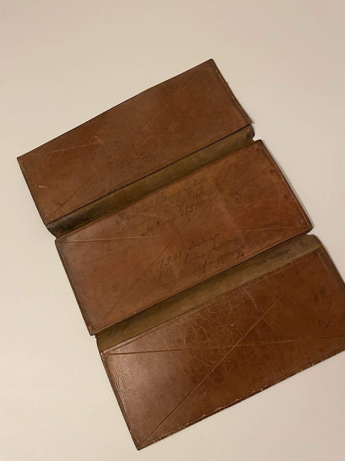 1850s American Antique Leather Trifold Document Holder Wallet New York USA