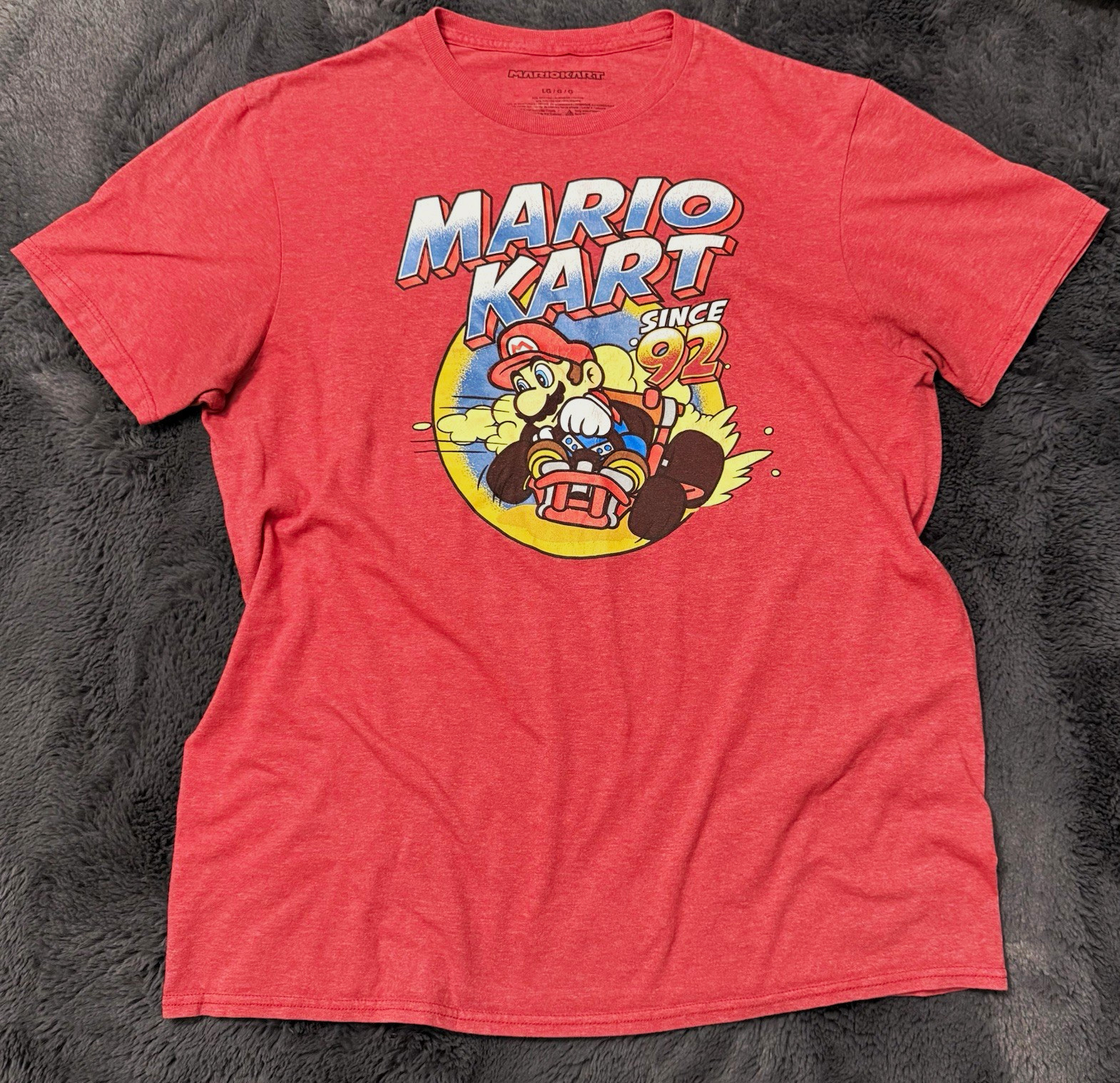 Mario Kart Since 92 Men\'s L Red Graphic Crew Neck Short Sleeve Tagless Tee