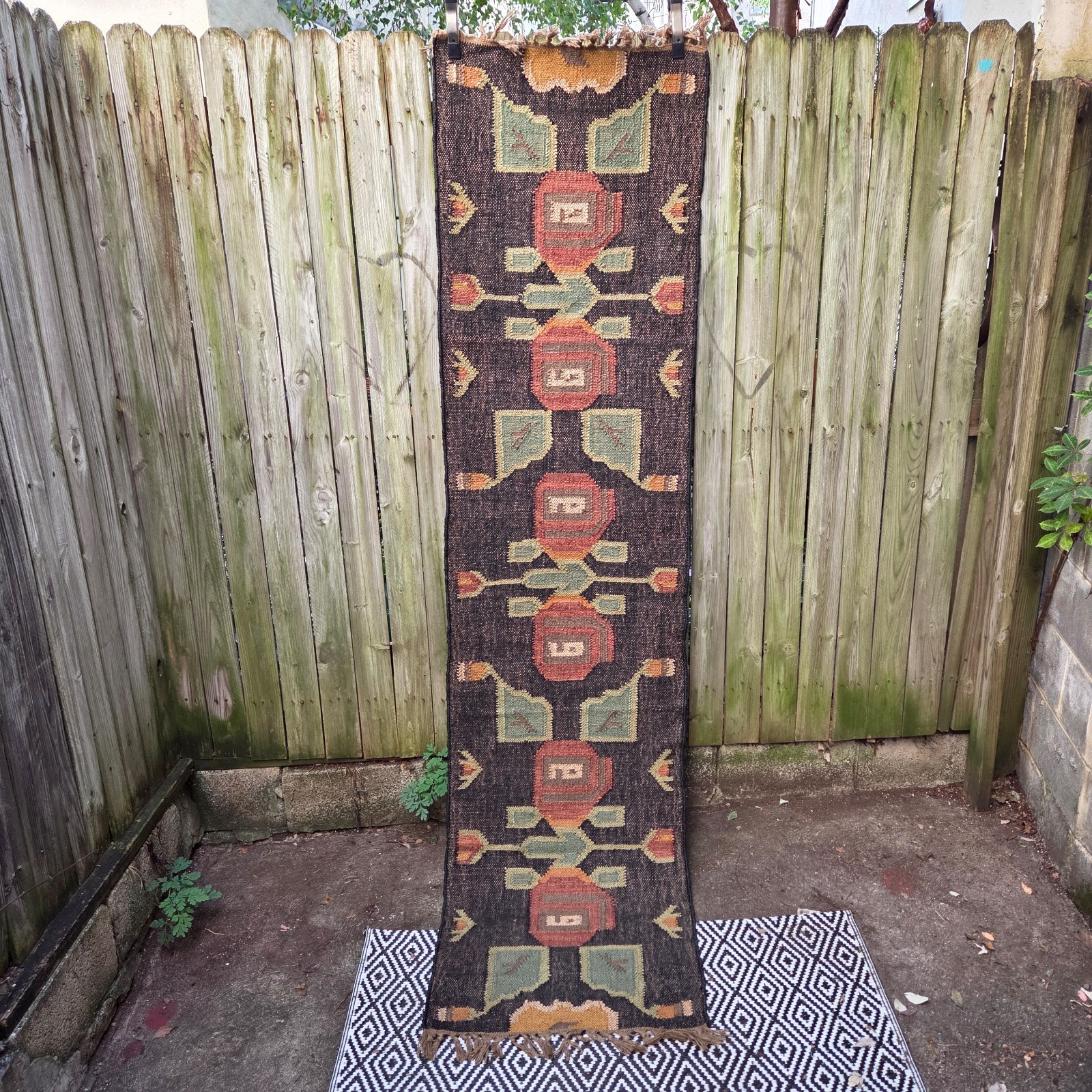 Vintage Wool Rug Runner Fringe Hand Knotted Geometric Tribal Roman Kilim 250x64 Vintage Wool Rug Runner Fringe Hand Knotted Geometric Tribal Roman Kilim 250x64