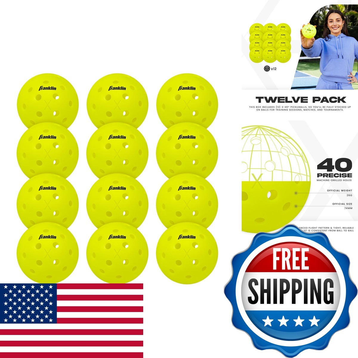 Franklin Sports x-40 Pickleballs (12 Pack)