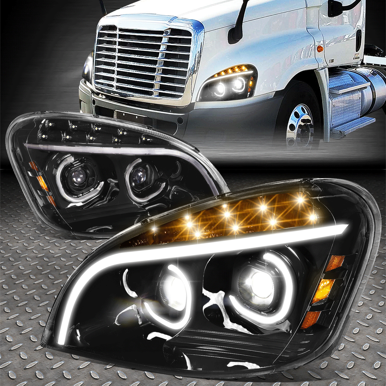 [C-HALO DRL] FOR 08-17 FREIGHTLINER CASCADIA FULL LED PROJECTOR HEADLIGHTS BLACK