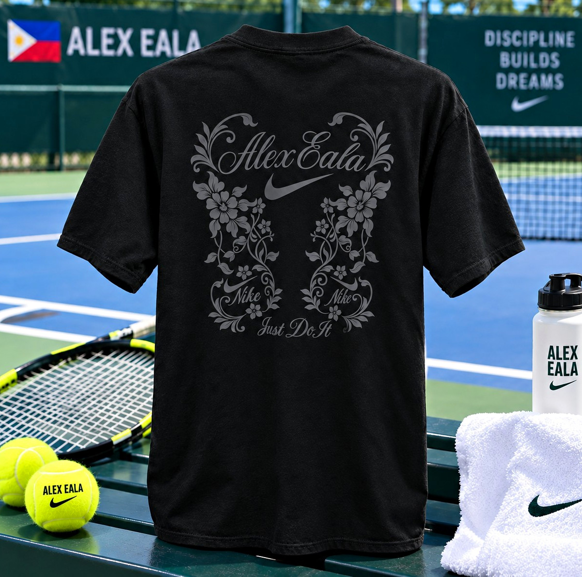 X-LARGE Nike Court Alex Eala Black Graphic Logo Cotton Sampaguita T-Shirt Tennis X-LARGE Nike Court Alex Eala Black Graphic Logo Cotton Sampaguita T-Shirt Tennis