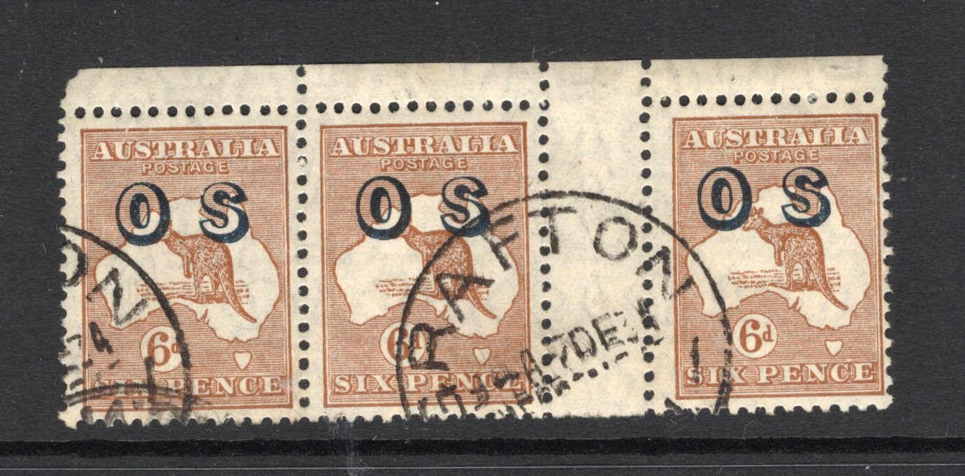 AUSTRALIA 1932 6D BROWN OPT OS GUTTER STRIP OF 3. SG 0127 . FINE . SCARCE.