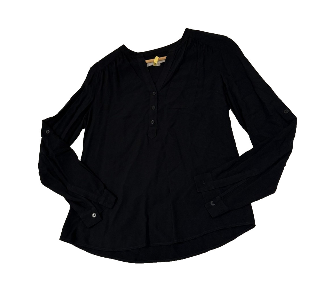 LOFT Popover Blouse XS V-Neck Long Sleeve Tunic Rayon Work Casual Solid Black