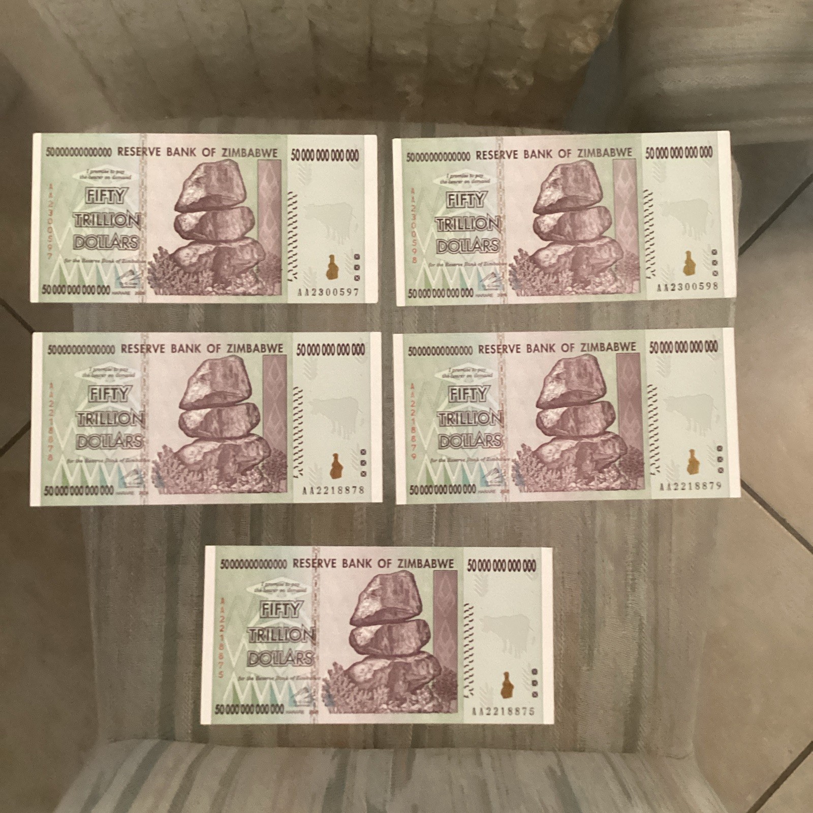 Zimbabwe Reserve Bank 2008 50 Trillion Dollar Banknotes. $55.55 each. Zimbabwe Reserve Bank 2008 50 Trillion Dollar Banknotes. $55.55 each.