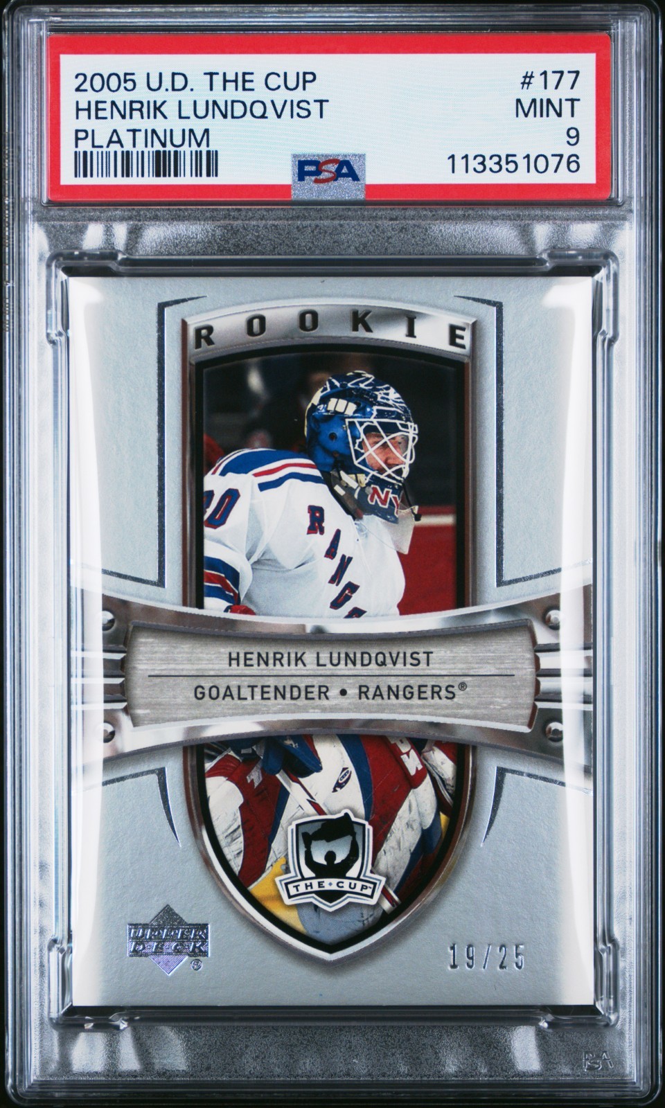 2005-06 Upper Deck The Cup Henrik Lundqvist Platinum Rookie Parallel /25 - PSA 9