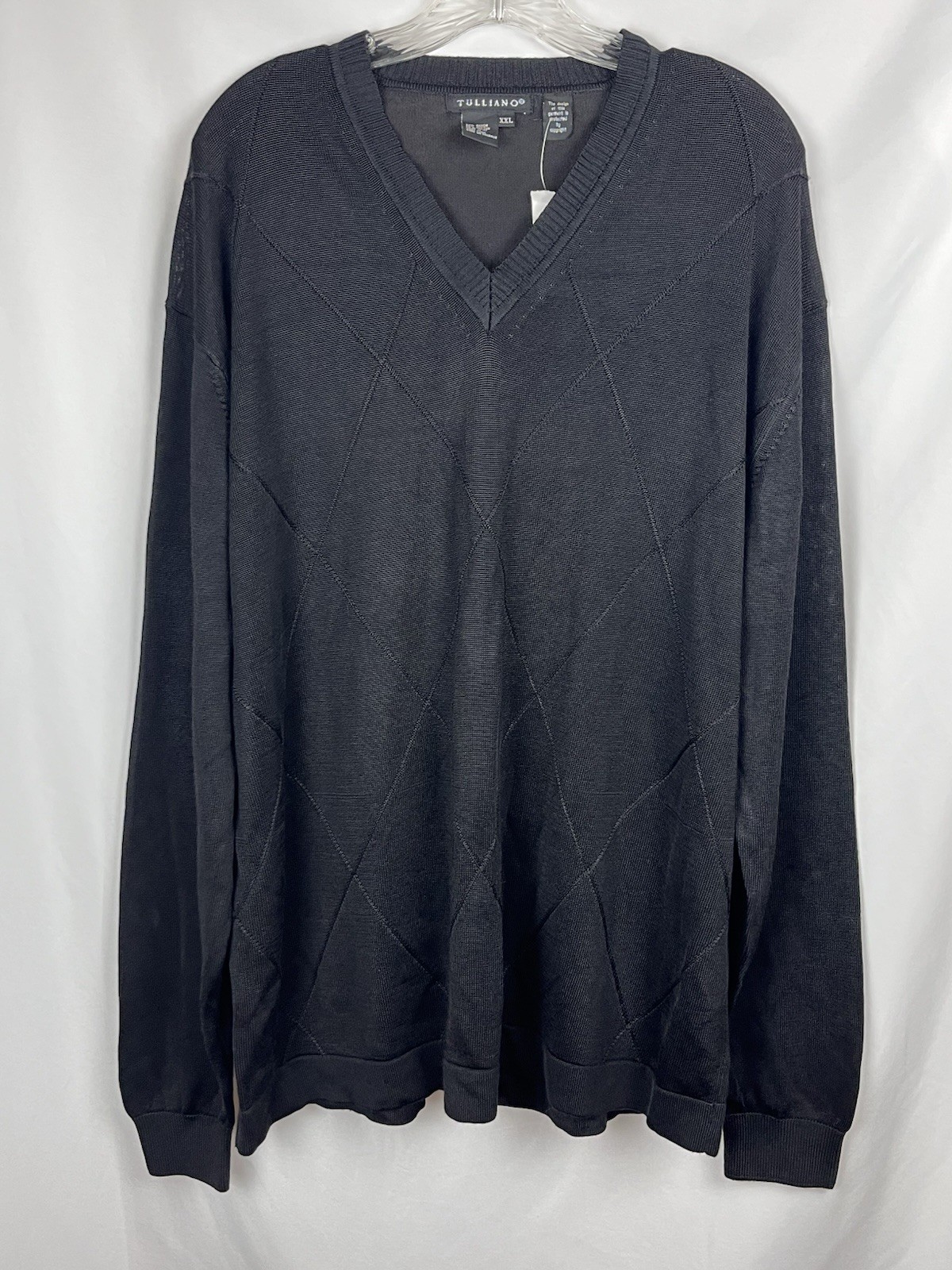 Vintage 90s Tulliano Men\'s XXL V-Neck Sweater Black Argyle Texture Old Money NWT