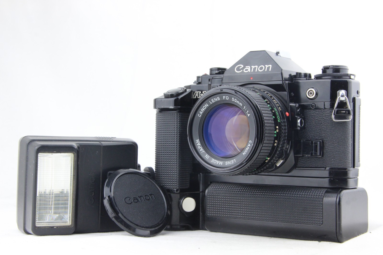 [ Serviced, NEAR MINT ] CANON A-1 + New FD NFD 50mm f/1.4 w/ Motor Drive, Flash