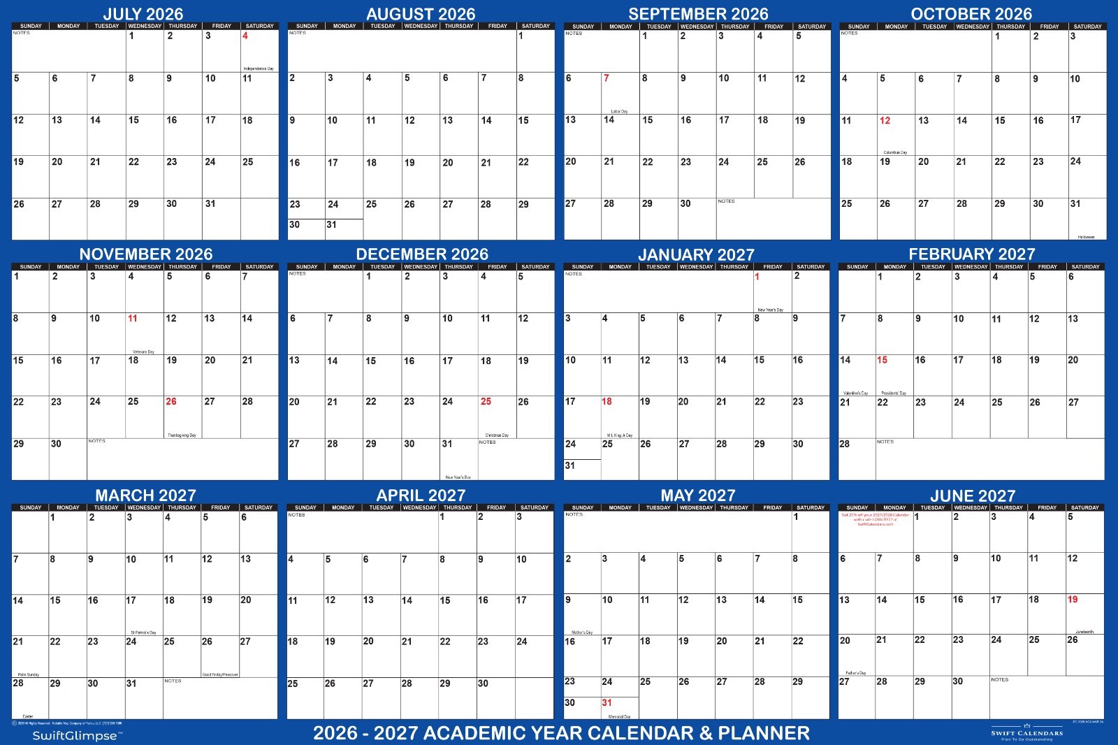 2026-2027 Academic Wall Calendar 32x48 Erasable Mid Year Wall Planner Dry Erase