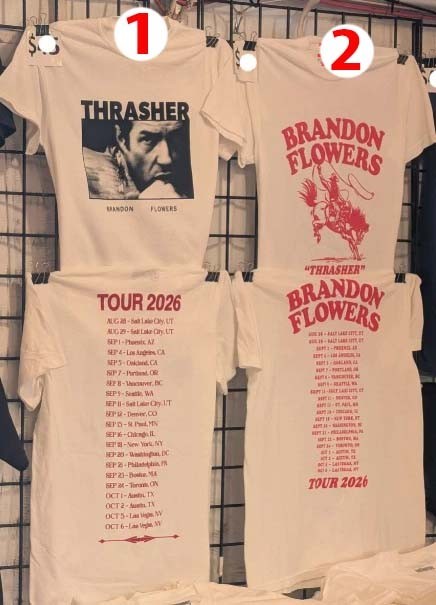 Brandon Flowers Shirt Thrasher Tour 2026 Two Sided T-Shirt Reprint Brandon Flowers Shirt Thrasher Tour 2026 Two Sided T-Shirt Reprint