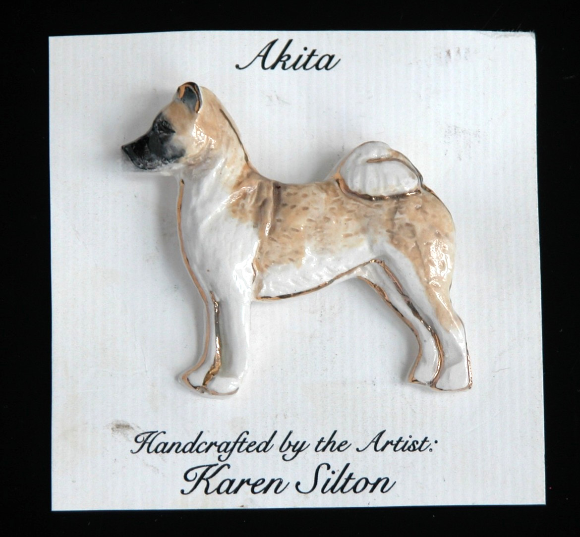 Artisan Handcrafted Porcelain Akita Pin Brooch Signed Karen Silton