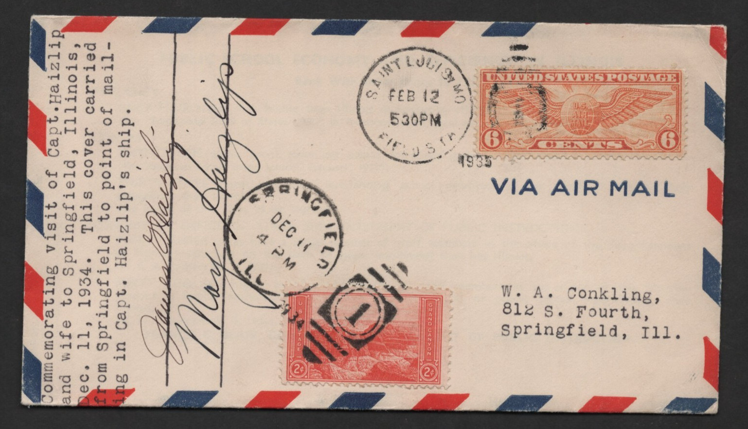 US 1935 JAMES & MAY HAIZLIP AVIATORS AUTOGRAPHED FLIGHT COVER ST LOUIS TO IL