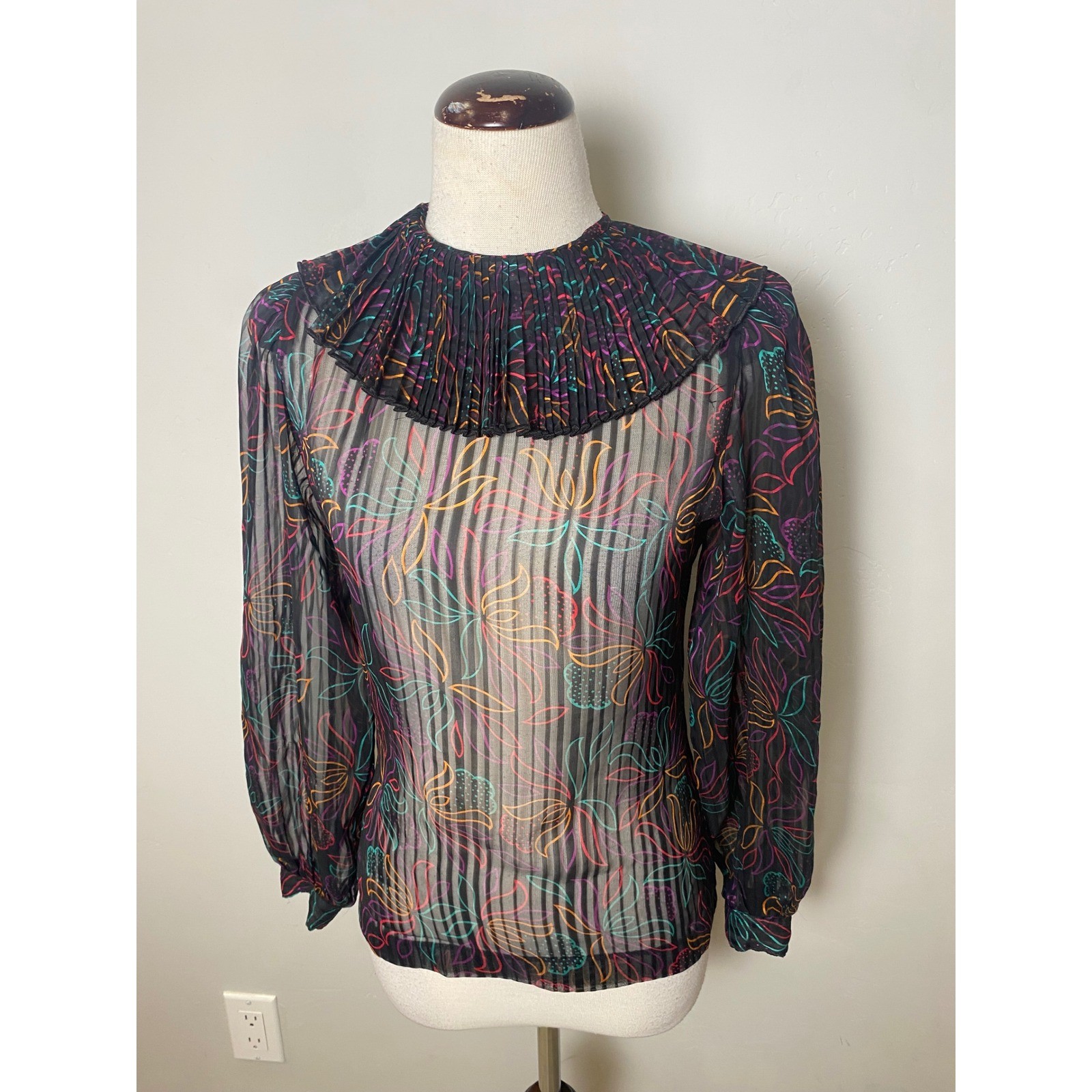 Vintage 70s College Town Sheer Neon Floral Pleated Ruffle Collar Blouse Black Vintage 70s College Town Sheer Neon Floral Pleated Ruffle Collar Blouse Black