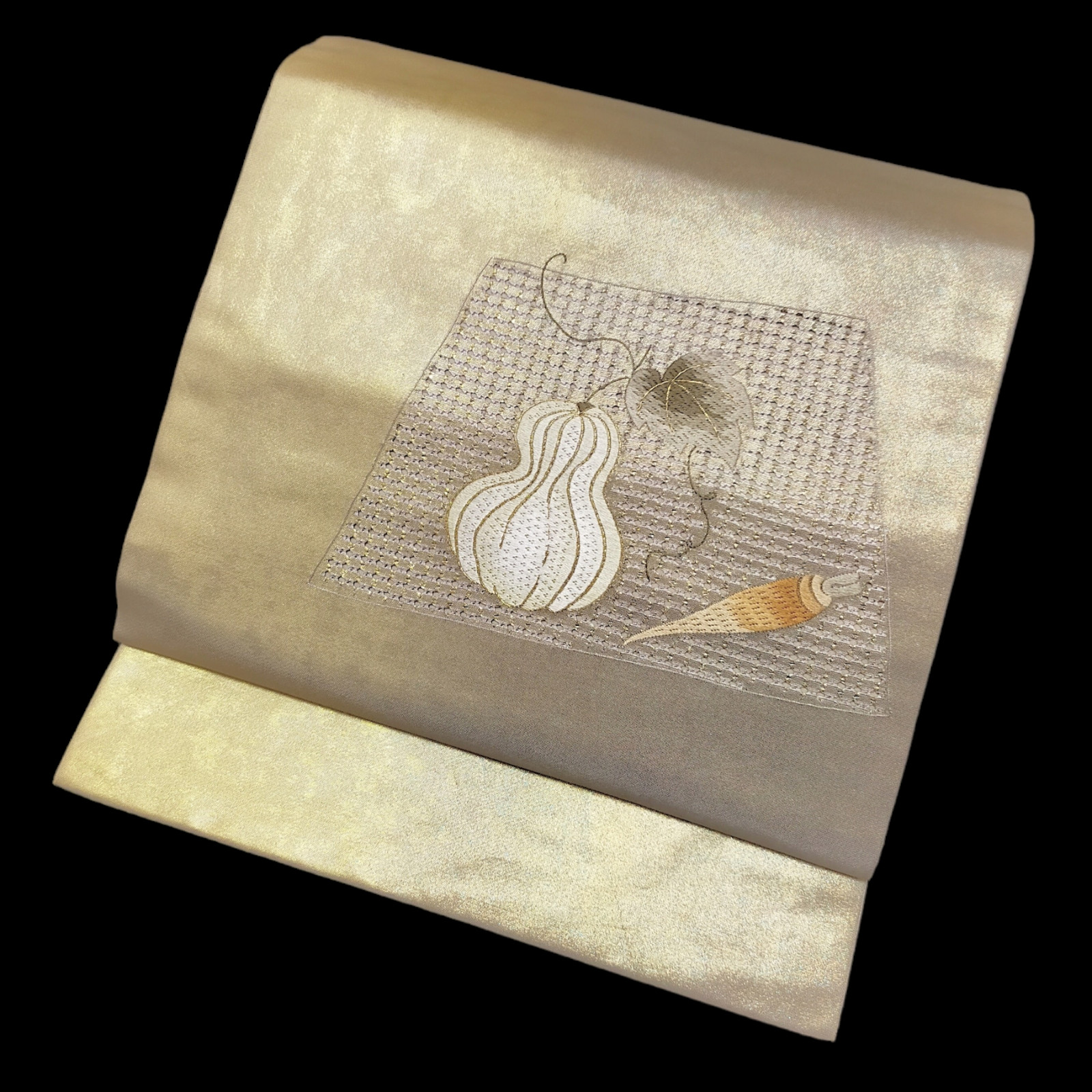 Vintage Silk Nagoya Obi Japanese Kimono Belt Vegetable Embroidery Gold Carrot