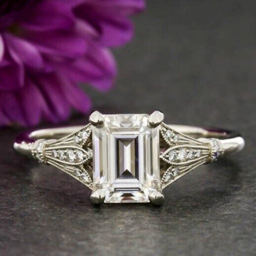 1.75Ct White Emerald Cut Moissanite Vintage Style Engagement Ring 14k White Gold