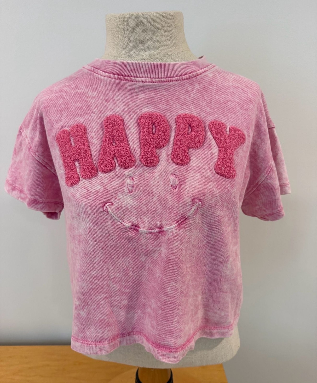 Vintage Havana Pink Acid Wash Happy Smiley Face Crop T-Shirt L/14 Teen Girls