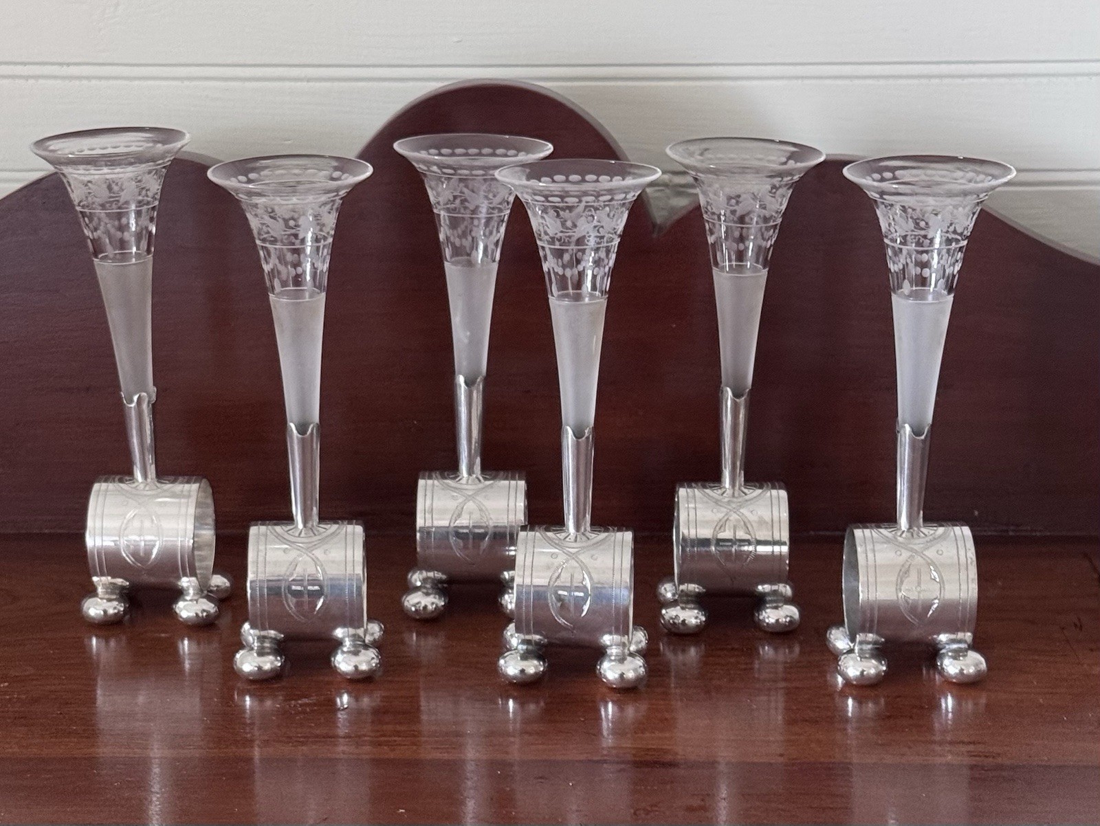 Antique Victorian Silverplate Combination Napkin Rings and Glass Trumpet Vases 