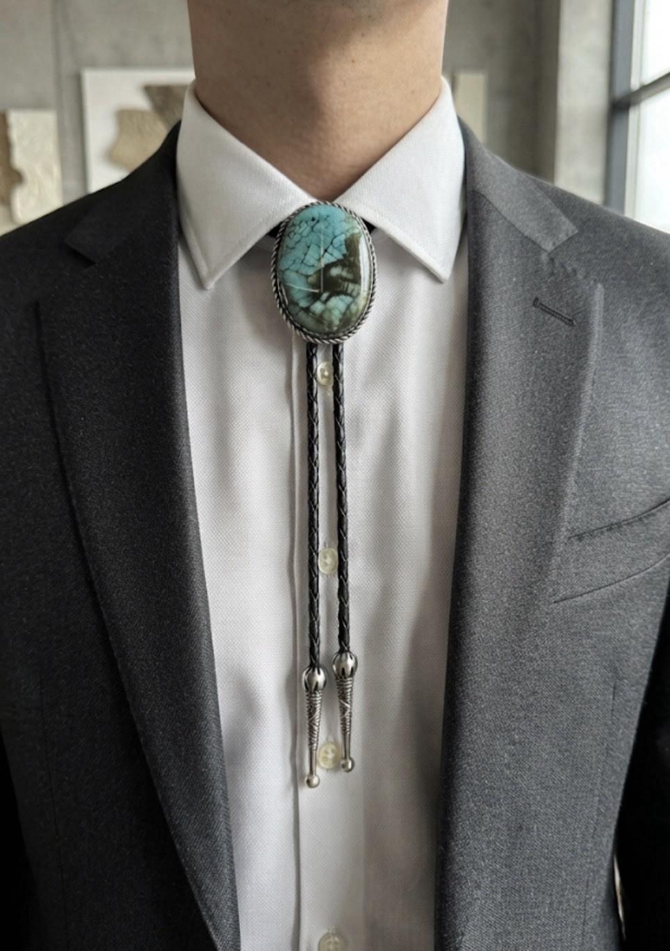 Turquoise Bolo Tie/ Agate Style Turquoise Cabochon Bolo Tie/ Black Leather Cord