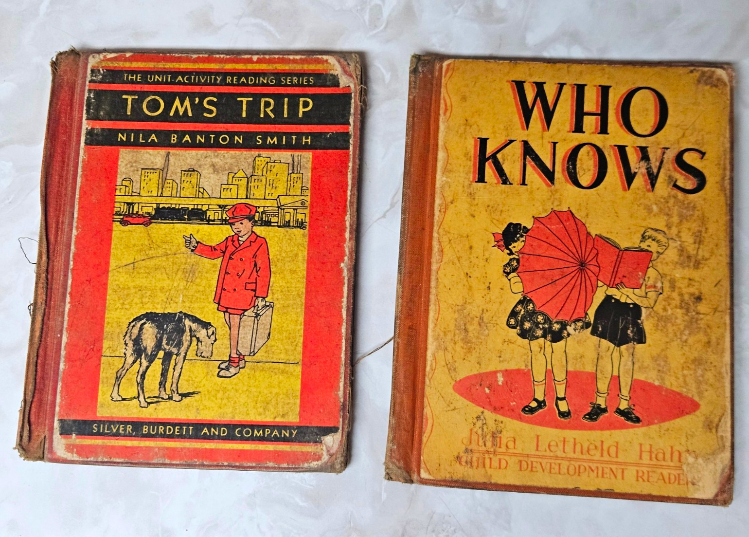 Antique 1930\'s Hardcover Illustrated Readers Tom\'s Trip & Who Knows Smith Hahn