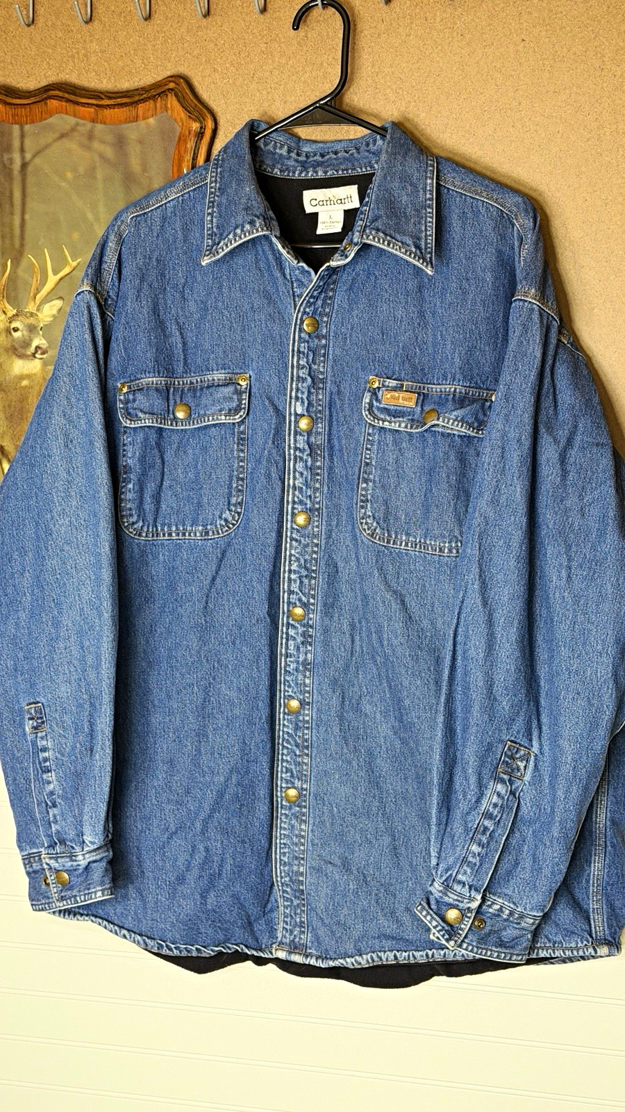 Vintage Carhartt Jacket Men\'s Blue Cotton Denim Long Sleeve Snap-Up Large