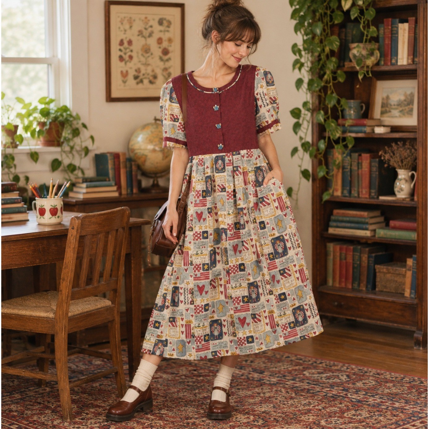 Vintage Handmade 90s Dress Prairie Granny Novelty Cute Teacher M Midi Cottage