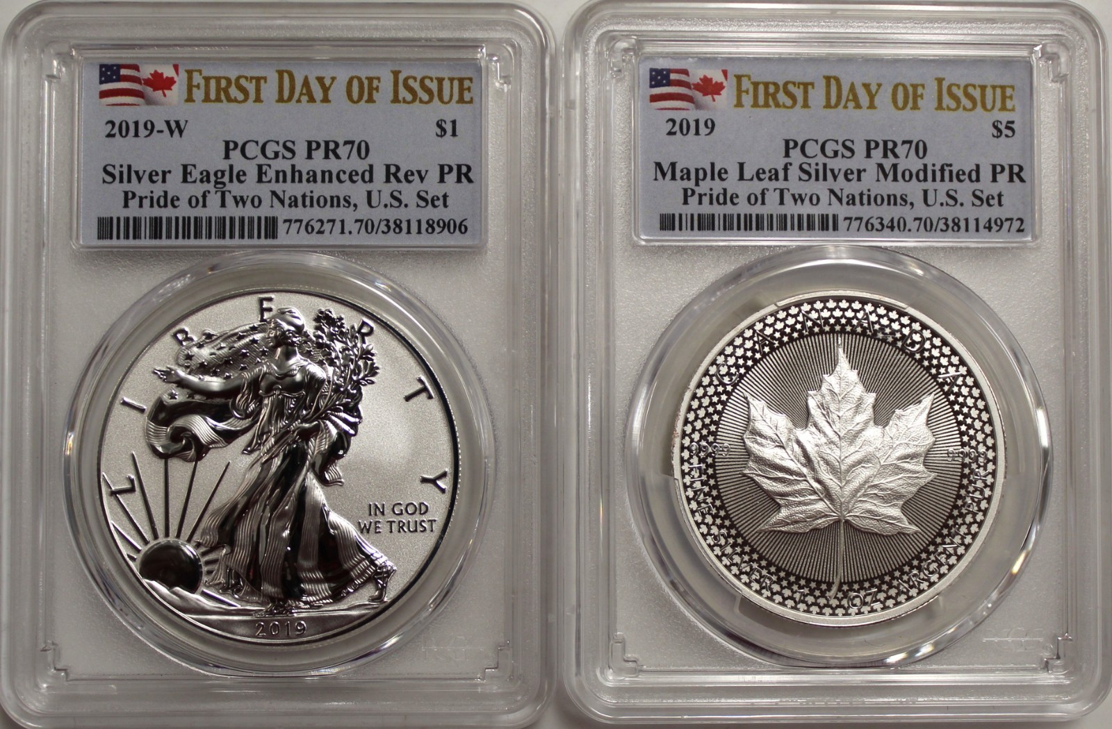 2019 Pride of Two Nations Silver Eagle and Maple Leaf 2 Coin Set PCGS PR70 FDOI 2019 Pride of Two Nations Silver Eagle and Maple Leaf 2 Coin Set PCGS PR70 FDOI