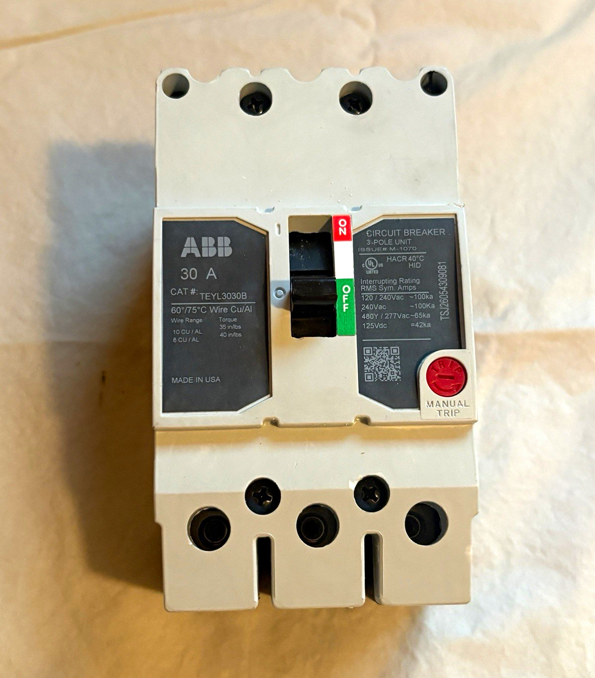 GE ABB TEYL3030B 30 Amp 3 Pole 480V Circuit Breaker 30A 3P Bolt-on 65kA Q-Line GE ABB TEYL3030B 30 Amp 3 Pole 480V Circuit Breaker 30A 3P Bolt-on 65kA Q-Line