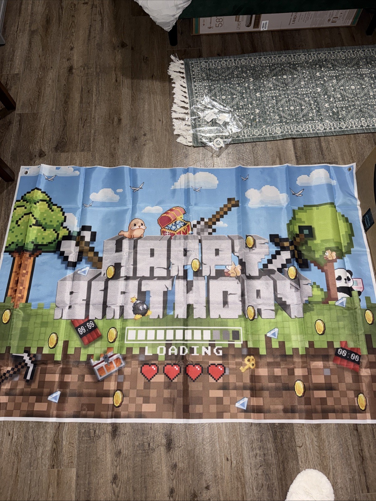 3*5Ft backdrop Video Game Party Decoration , Minecraft Happy Birthday