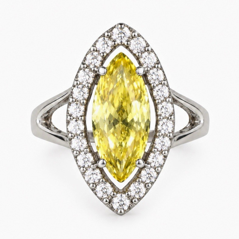 Fancy Yellow Marquise Diamond Halo Cocktail Ring 14k White Gold Size 7