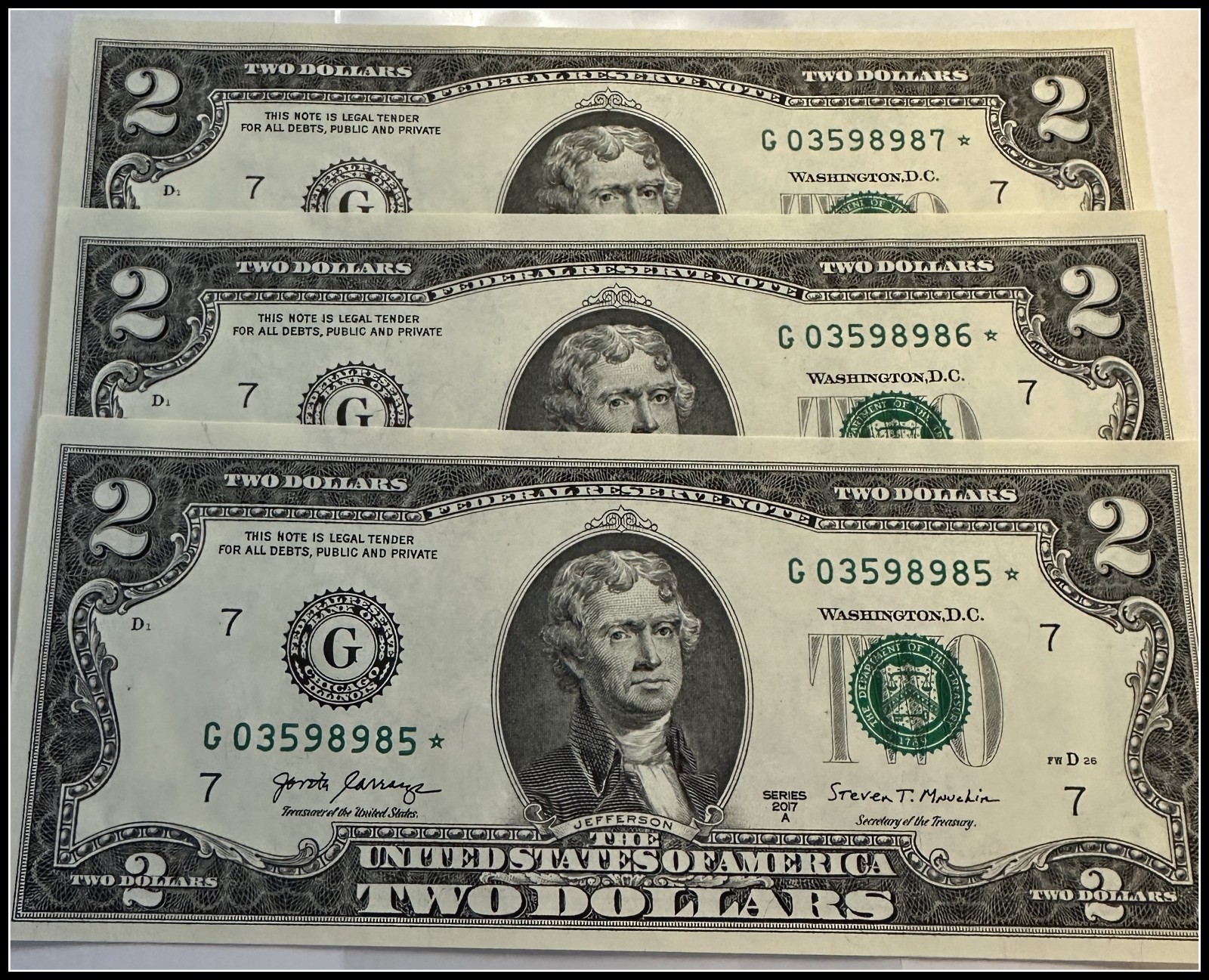 2017A $2 DOLLAR BILL STAR NOTE UNCIRCULATED SEQUENTIAL SET OF 3 FAST SHIPPING 